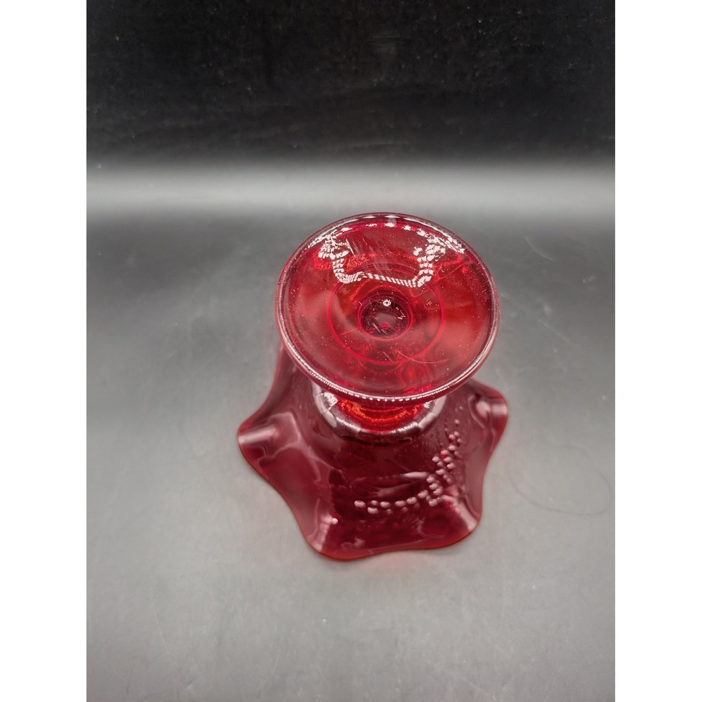 Ruby Red Glass Compote Ruffled Rim Grapevine Pattern Pedestal Candy Dish - Picture 6 of 9